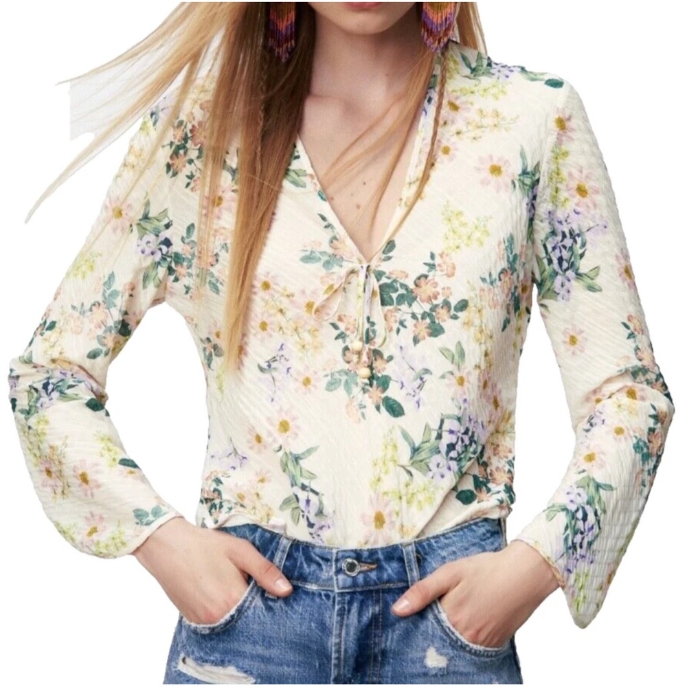 Zara Women's Floral Printed Blouse V-Neck Front Tie Gauzy Size Small Cream